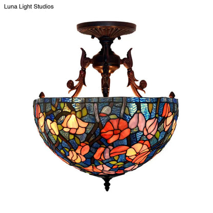 Mediterranean Flower Stained Glass Ceiling Light for Bedroom - 3-Light Semi Flush Mount in White/Red/Yellow