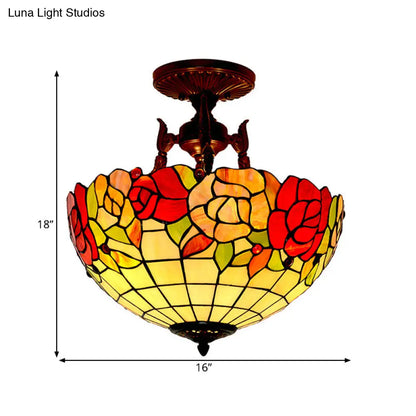 Mediterranean Flower Stained Glass Ceiling Light for Bedroom - 3-Light Semi Flush Mount in White/Red/Yellow