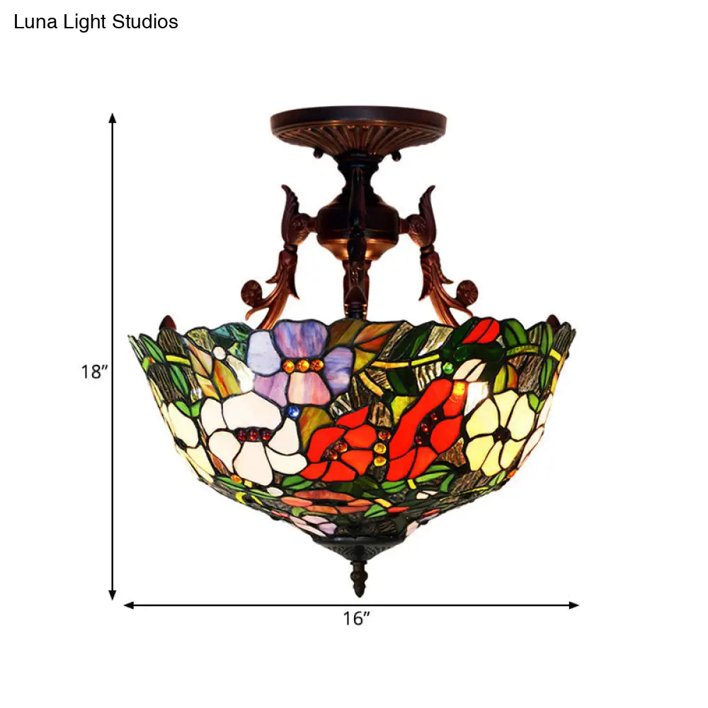 Mediterranean Flower Stained Glass Ceiling Light for Bedroom - 3-Light Semi Flush Mount in White/Red/Yellow