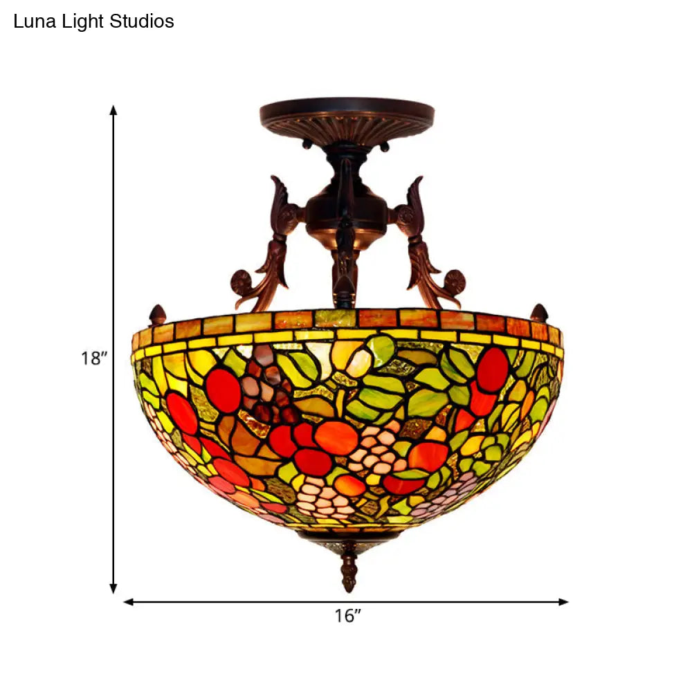 Mediterranean Flower Stained Glass Ceiling Light for Bedroom - 3-Light Semi Flush Mount in White/Red/Yellow