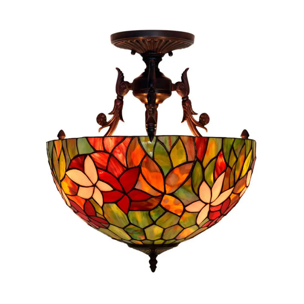 DecorBites™ DecorBites™ Mediterranean Flower Stained Glass Ceiling Light for Bedroom - 3-Light Semi Flush Mount in White/Red/Yellow