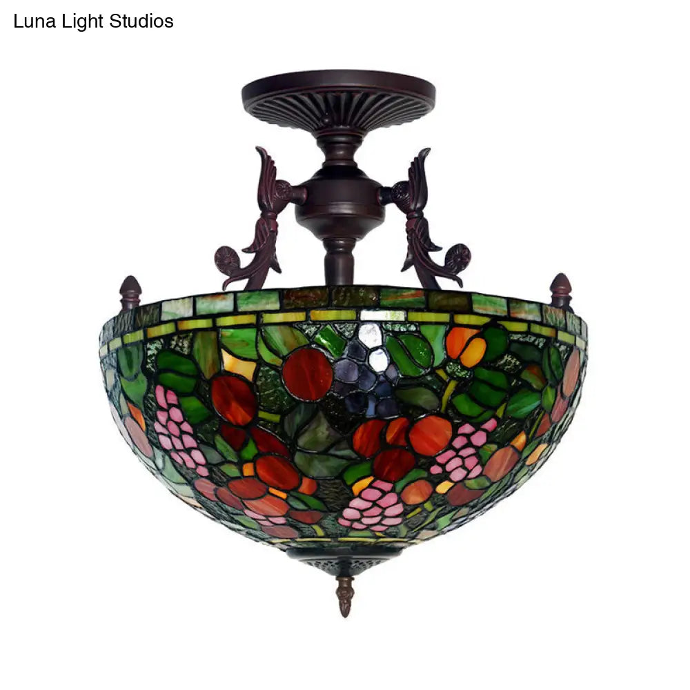 Mediterranean Flower Stained Glass Ceiling Light for Bedroom - 3-Light Semi Flush Mount in White/Red/Yellow