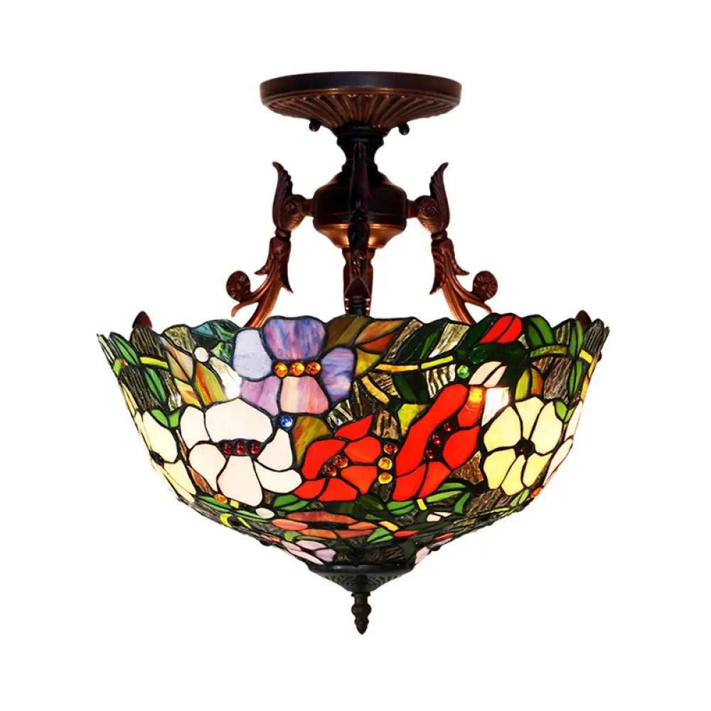 DecorBites™ DecorBites™ Mediterranean Flower Stained Glass Ceiling Light for Bedroom - 3-Light Semi Flush Mount in White/Red/Yellow
