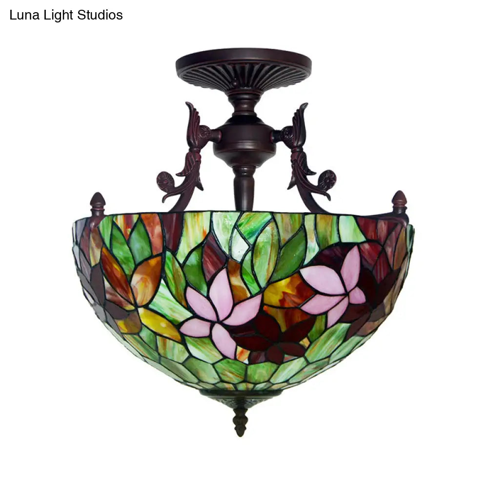 Mediterranean Flower Stained Glass Ceiling Light for Bedroom - 3-Light Semi Flush Mount in White/Red/Yellow