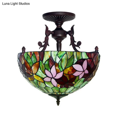 Mediterranean Flower Stained Glass Ceiling Light for Bedroom - 3-Light Semi Flush Mount in White/Red/Yellow