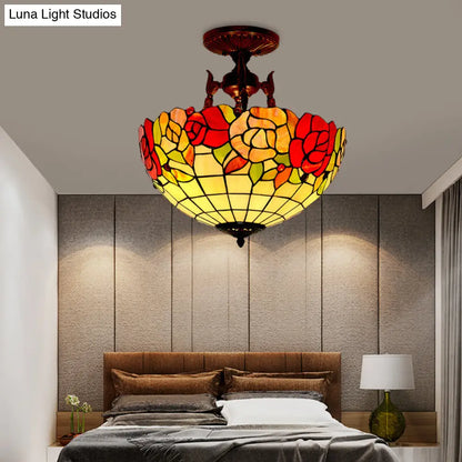 Mediterranean Flower Stained Glass Ceiling Light for Bedroom - 3-Light Semi Flush Mount in White/Red/Yellow