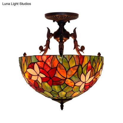 Mediterranean Flower Stained Glass Ceiling Light for Bedroom - 3-Light Semi Flush Mount in White/Red/Yellow