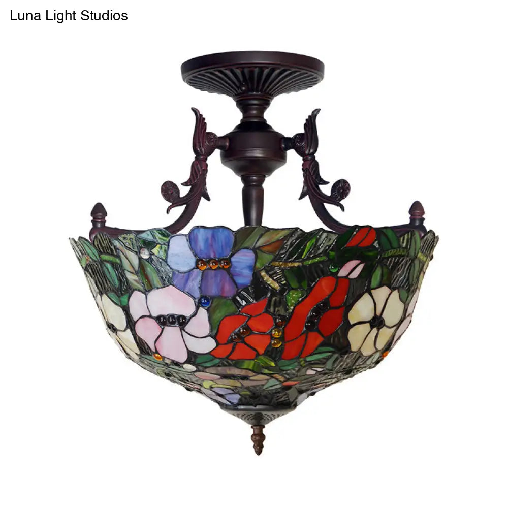 Mediterranean Flower Stained Glass Ceiling Light for Bedroom - 3-Light Semi Flush Mount in White/Red/Yellow