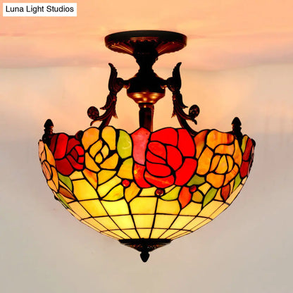 Mediterranean Flower Stained Glass Ceiling Light for Bedroom - 3-Light Semi Flush Mount in White/Red/Yellow