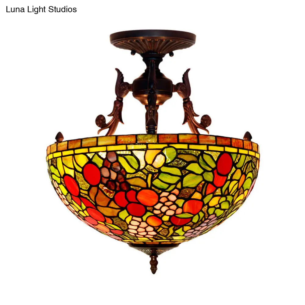 DecorBites™ DecorBites™ Mediterranean Flower Stained Glass Ceiling Light for Bedroom - 3-Light Semi Flush Mount in White/Red/Yellow