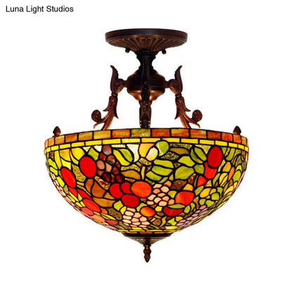 Mediterranean Flower Stained Glass Ceiling Light for Bedroom - 3-Light Semi Flush Mount in White/Red/Yellow