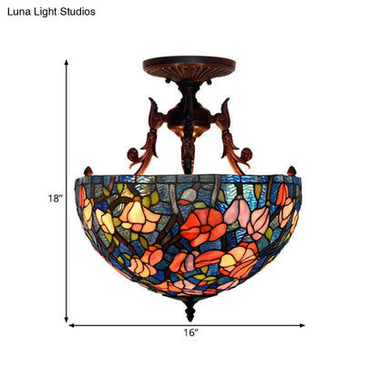 Mediterranean Flower Stained Glass Ceiling Light for Bedroom - 3-Light Semi Flush Mount in White/Red/Yellow