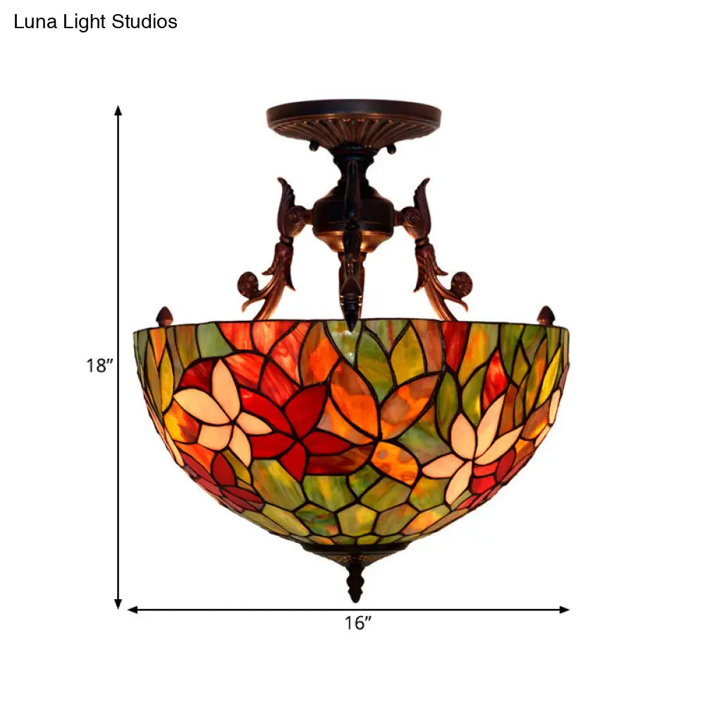 Mediterranean Flower Stained Glass Ceiling Light for Bedroom - 3-Light Semi Flush Mount in White/Red/Yellow