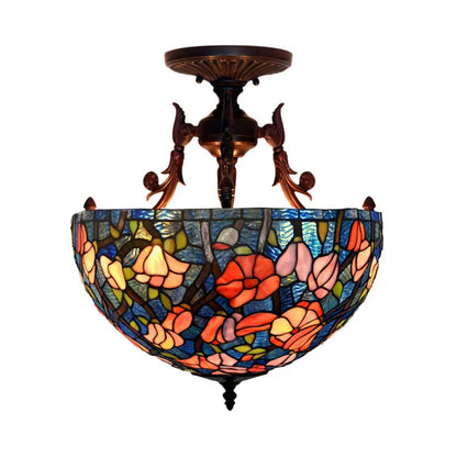 Mediterranean Flower Stained Glass Ceiling Light for Bedroom - 3-Light Semi Flush Mount in White/Red/Yellow