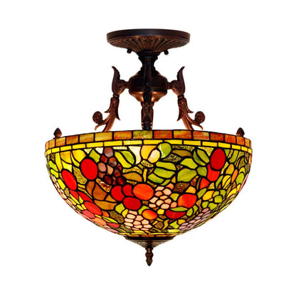 Mediterranean Flower Stained Glass Ceiling Light for Bedroom - 3-Light Semi Flush Mount in White/Red/Yellow