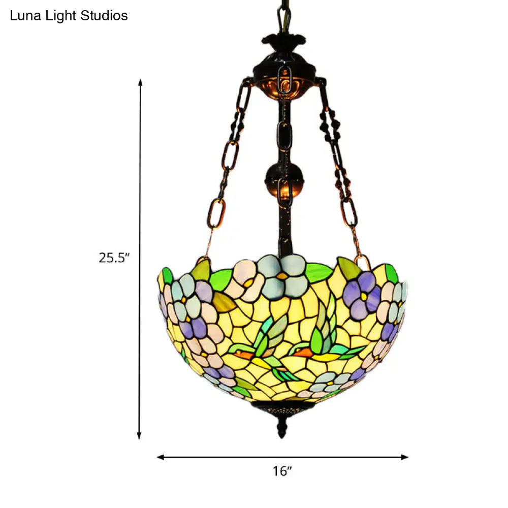 Mediterranean Flower Stained Glass Chandelier Pendant Light - 3-Light Weathered Copper Suspension Lamp