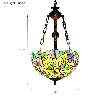 Mediterranean Flower Stained Glass Chandelier Pendant Light - 3-Light Weathered Copper Suspension Lamp