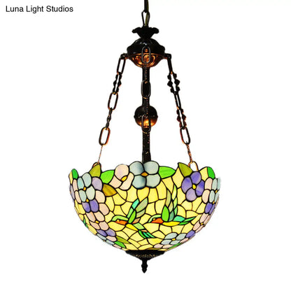 Mediterranean Flower Stained Glass Chandelier Pendant Light - 3-Light Weathered Copper Suspension Lamp
