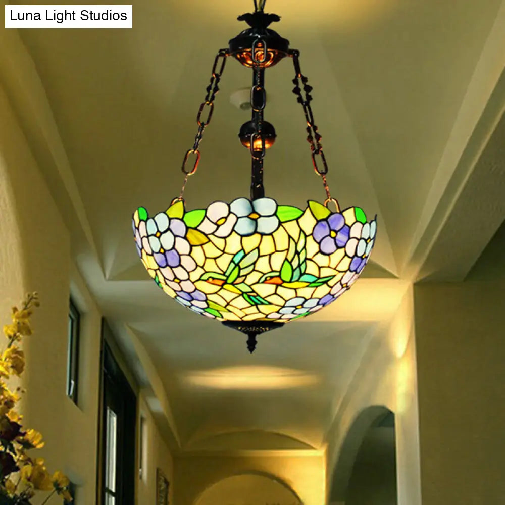 Mediterranean Flower Stained Glass Chandelier Pendant Light - 3-Light Weathered Copper Suspension Lamp