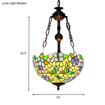 Mediterranean Flower Stained Glass Chandelier Pendant Light - 3-Light Weathered Copper Suspension Lamp