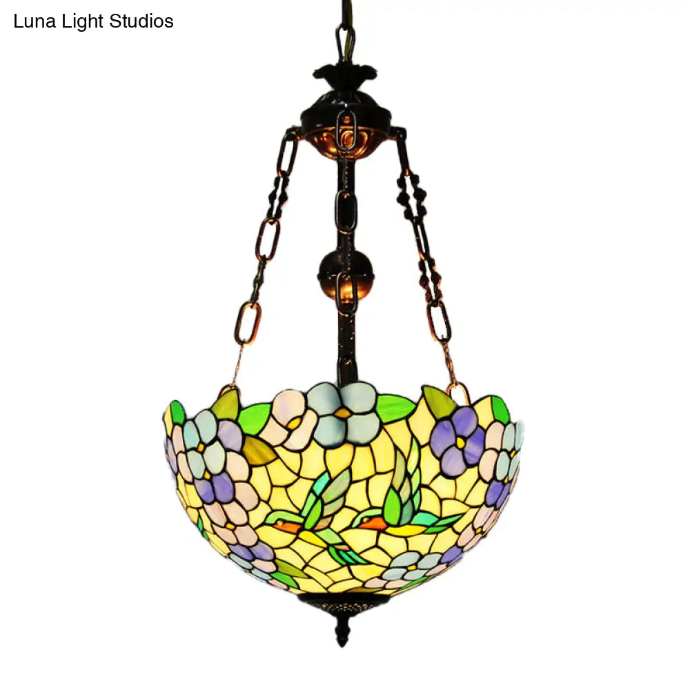 Mediterranean Flower Stained Glass Chandelier Pendant Light - 3-Light Weathered Copper Suspension Lamp