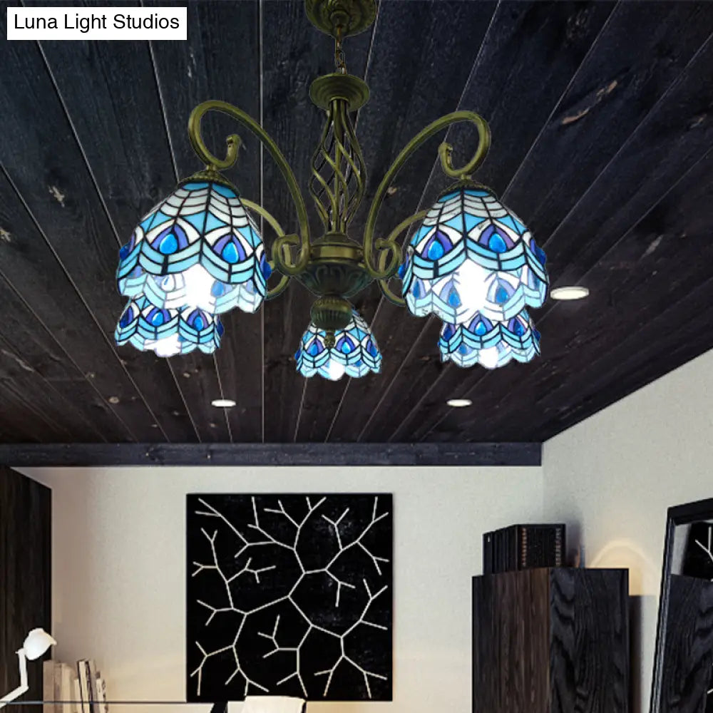 Lámpara de araña mediterránea de cristal con brazo articulado - Tallada a mano, diseño ondulado - Colgante de 5 luces rojo/amarillo/azul