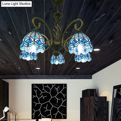 Lámpara de araña mediterránea de cristal con brazo articulado - Tallada a mano, diseño ondulado - Colgante de 5 luces rojo/amarillo/azul