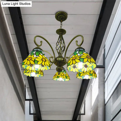 Lámpara de araña mediterránea de cristal con brazo articulado - Tallada a mano, diseño ondulado - Colgante de 5 luces rojo/amarillo/azul