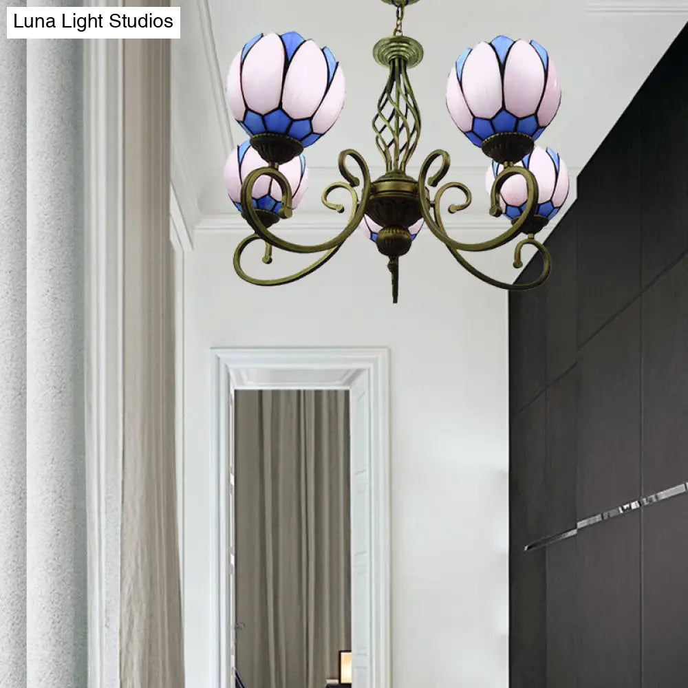 Lámpara de araña mediterránea de cristal con brazo articulado - Tallada a mano, diseño ondulado - Colgante de 5 luces rojo/amarillo/azul