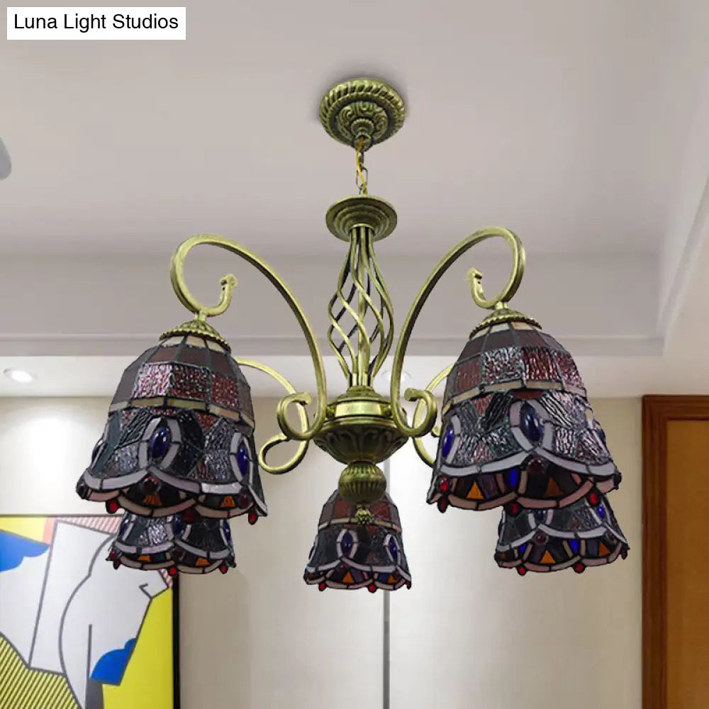 Lámpara de araña mediterránea de cristal con brazo articulado - Tallada a mano, diseño ondulado - Colgante de 5 luces rojo/amarillo/azul