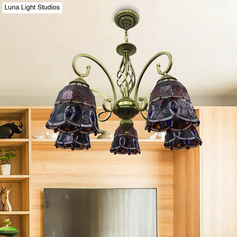 Lámpara de araña mediterránea de cristal con brazo articulado - Tallada a mano, diseño ondulado - Colgante de 5 luces rojo/amarillo/azul