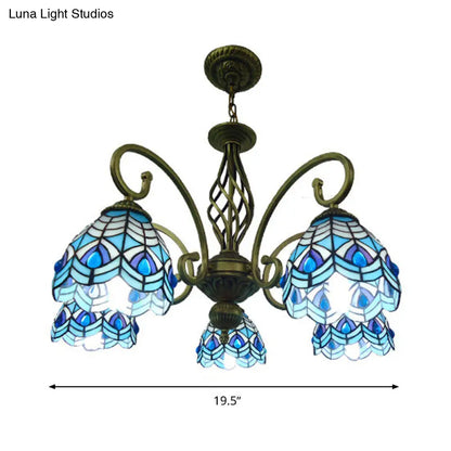 Lámpara de araña mediterránea de cristal con brazo articulado - Tallada a mano, diseño ondulado - Colgante de 5 luces rojo/amarillo/azul