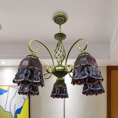 Lámpara de araña mediterránea de cristal con brazo articulado - Tallada a mano, diseño ondulado - Colgante de 5 luces rojo/amarillo/azul