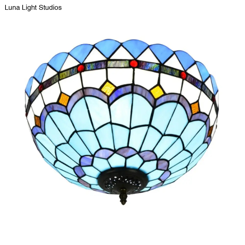 DecorBites™ DecorBites™ Mediterranean Hand Rolled Art Glass Bowl Flush Mount Light Fixture with Blue 2/3 Bulbs in 12"/16" W