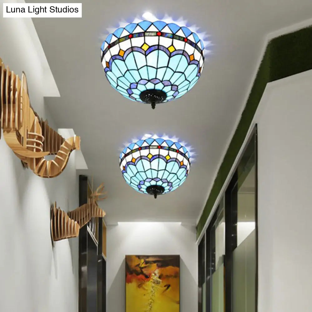 DecorBites™ DecorBites™ Mediterranean Hand Rolled Art Glass Bowl Flush Mount Light Fixture with Blue 2/3 Bulbs in 12"/16" W