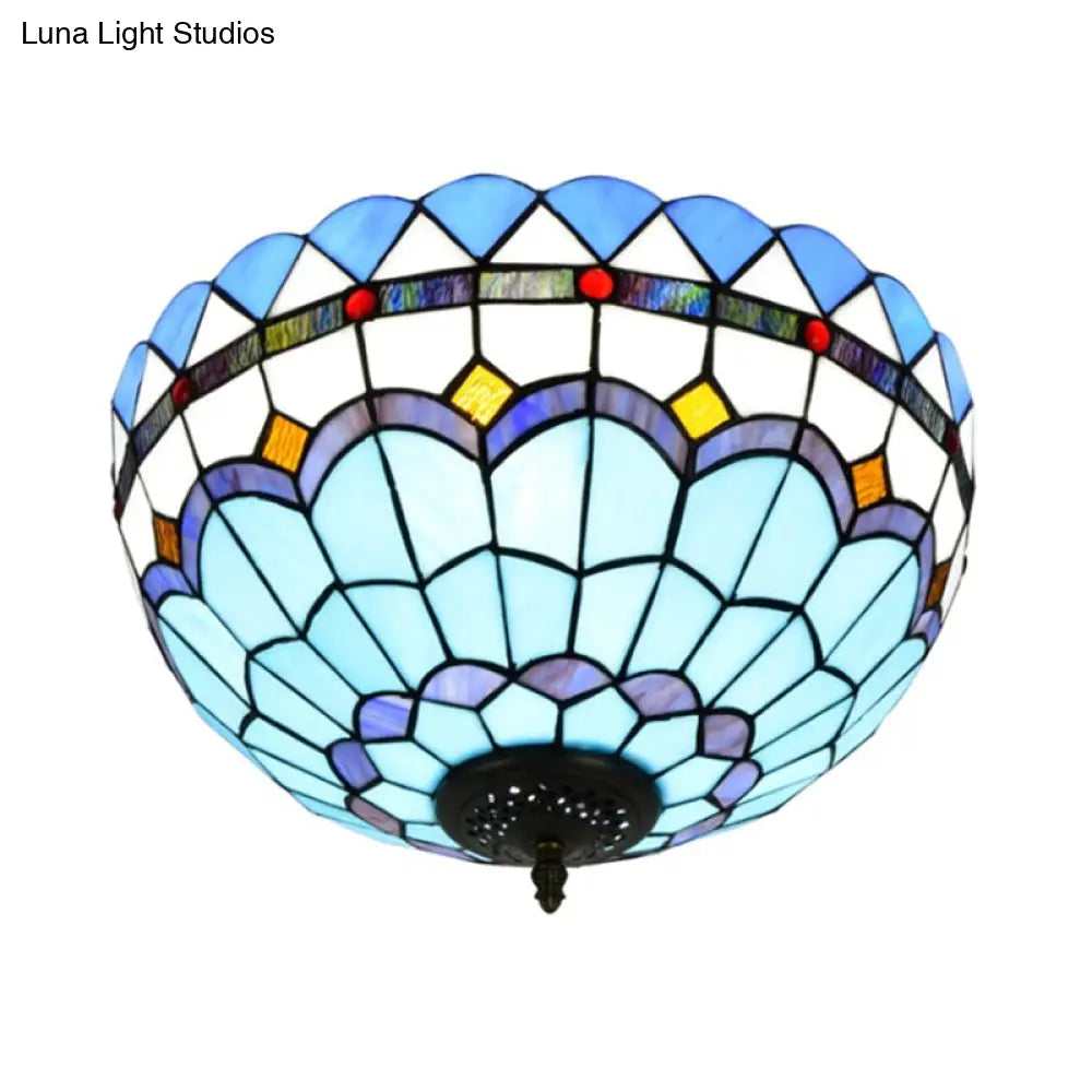 DecorBites™ DecorBites™ Mediterranean Hand Rolled Art Glass Bowl Flush Mount Light Fixture with Blue 2/3 Bulbs in 12"/16" W