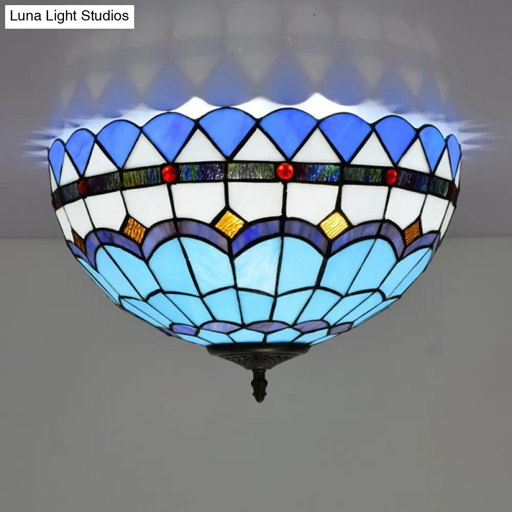 DecorBites™ DecorBites™ Mediterranean Hand Rolled Art Glass Bowl Flush Mount Light Fixture with Blue 2/3 Bulbs in 12"/16" W