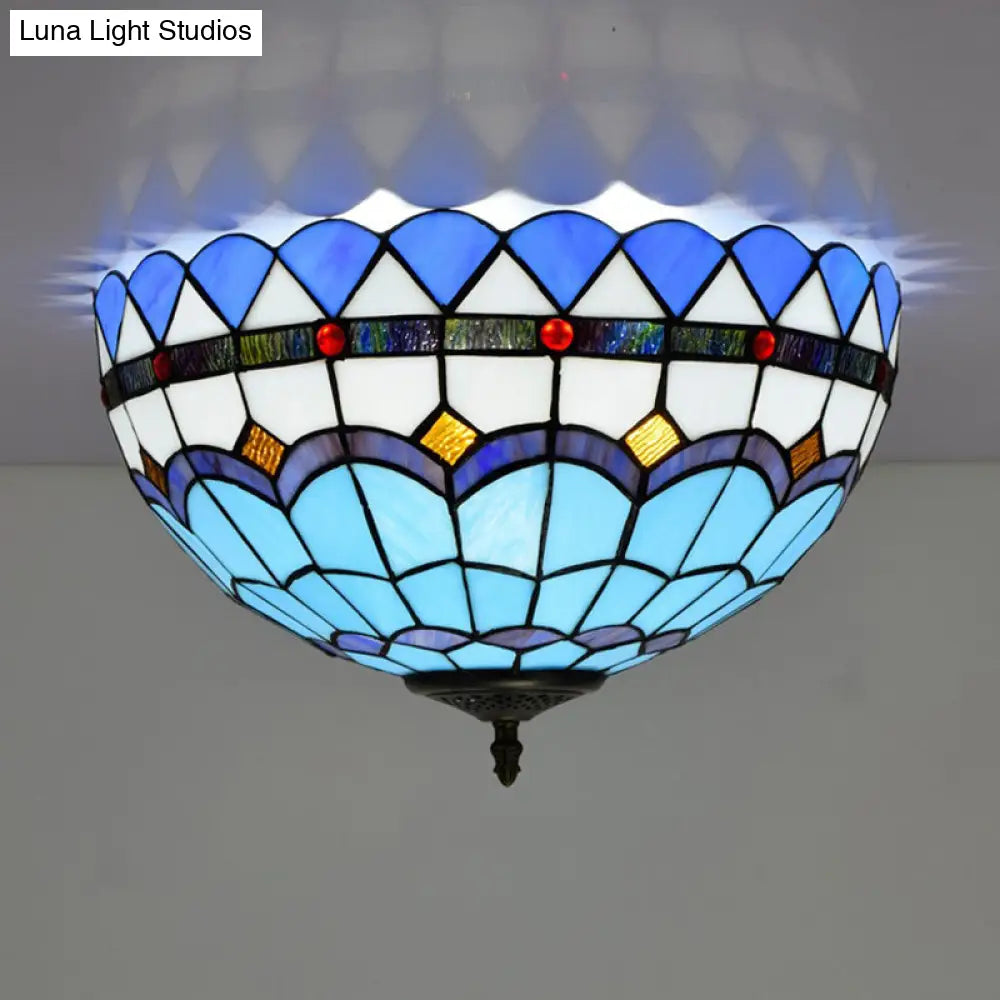 DecorBites™ DecorBites™ Mediterranean Hand Rolled Art Glass Bowl Flush Mount Light Fixture with Blue 2/3 Bulbs in 12"/16" W