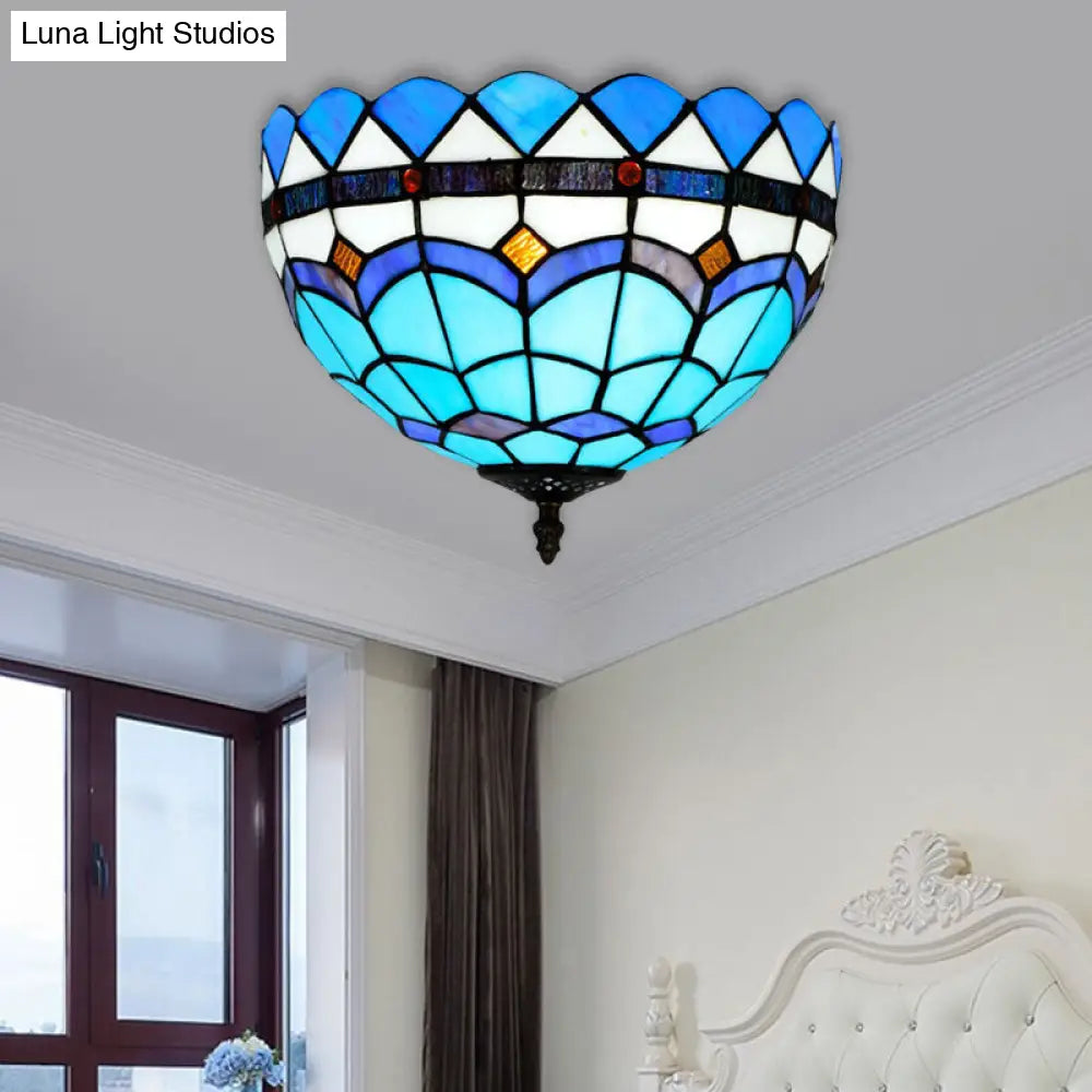 DecorBites™ DecorBites™ Mediterranean Hand Rolled Art Glass Bowl Flush Mount Light Fixture with Blue 2/3 Bulbs in 12"/16" W