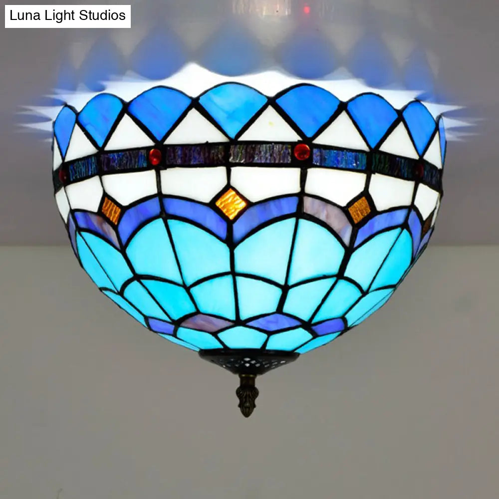 DecorBites™ DecorBites™ Mediterranean Hand Rolled Art Glass Bowl Flush Mount Light Fixture with Blue 2/3 Bulbs in 12"/16" W