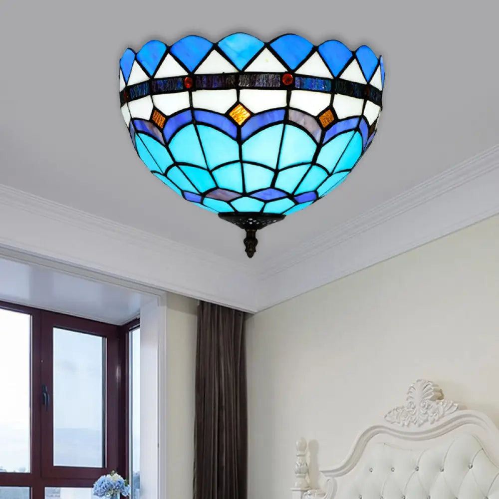 DecorBites™ DecorBites™ Mediterranean Hand Rolled Art Glass Bowl Flush Mount Light Fixture with Blue 2/3 Bulbs in 12"/16" W