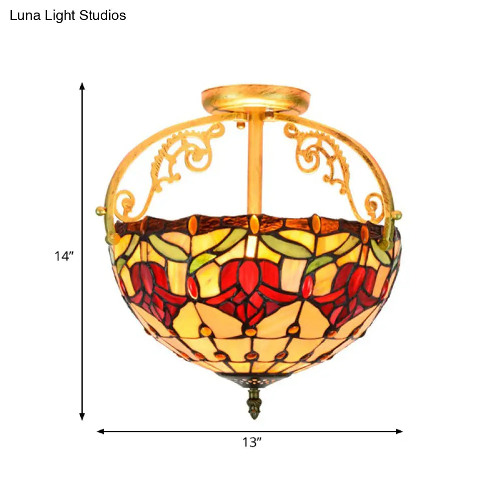 Mediterranean Petal Semi-Mount Ceiling Lamp - Yellow Stained Art Glass, 2 Lights