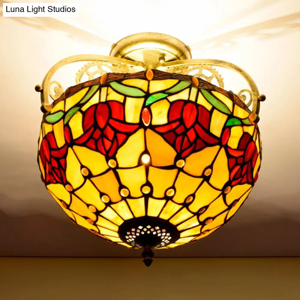 Mediterranean Petal Semi-Mount Ceiling Lamp - Yellow Stained Art Glass, 2 Lights