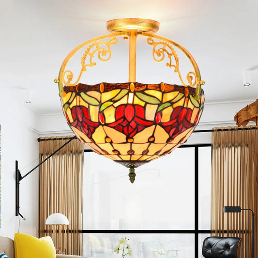 Mediterranean Petal Semi-Mount Ceiling Lamp - Yellow Stained Art Glass, 2 Lights