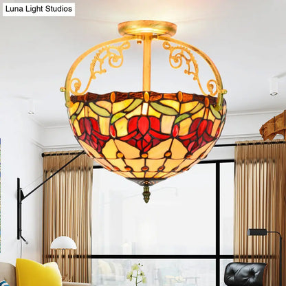 Mediterranean Petal Semi-Mount Ceiling Lamp - Yellow Stained Art Glass, 2 Lights