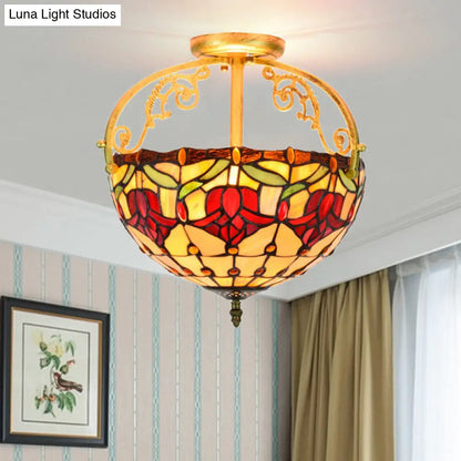 Mediterranean Petal Semi-Mount Ceiling Lamp - Yellow Stained Art Glass, 2 Lights