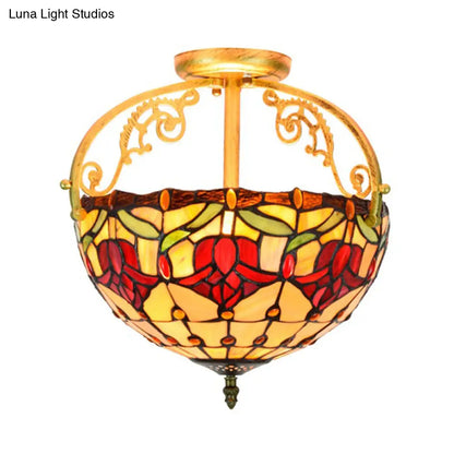 Mediterranean Petal Semi-Mount Ceiling Lamp - Yellow Stained Art Glass, 2 Lights