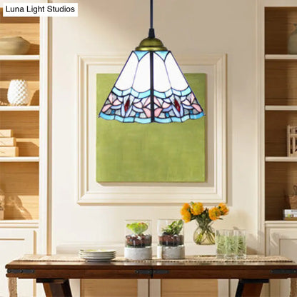 Mediterranean Purplish Blue Stained Glass Pendant Light for Bedroom Ceiling - Wide Flare Shade