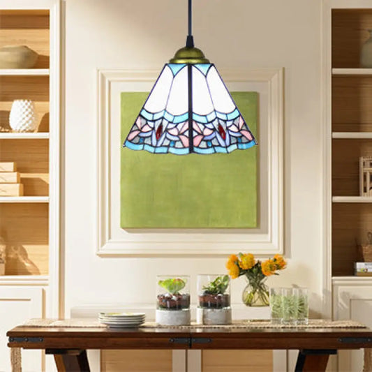 Mediterranean Purplish Blue Stained Glass Pendant Light for Bedroom Ceiling - Wide Flare Shade