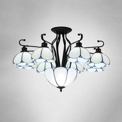 Mediterranean Scalloped Stained Glass Ceiling Lamp - 9 Heads Gray/White/Yellow Light - Semi Flush Mount Fixture